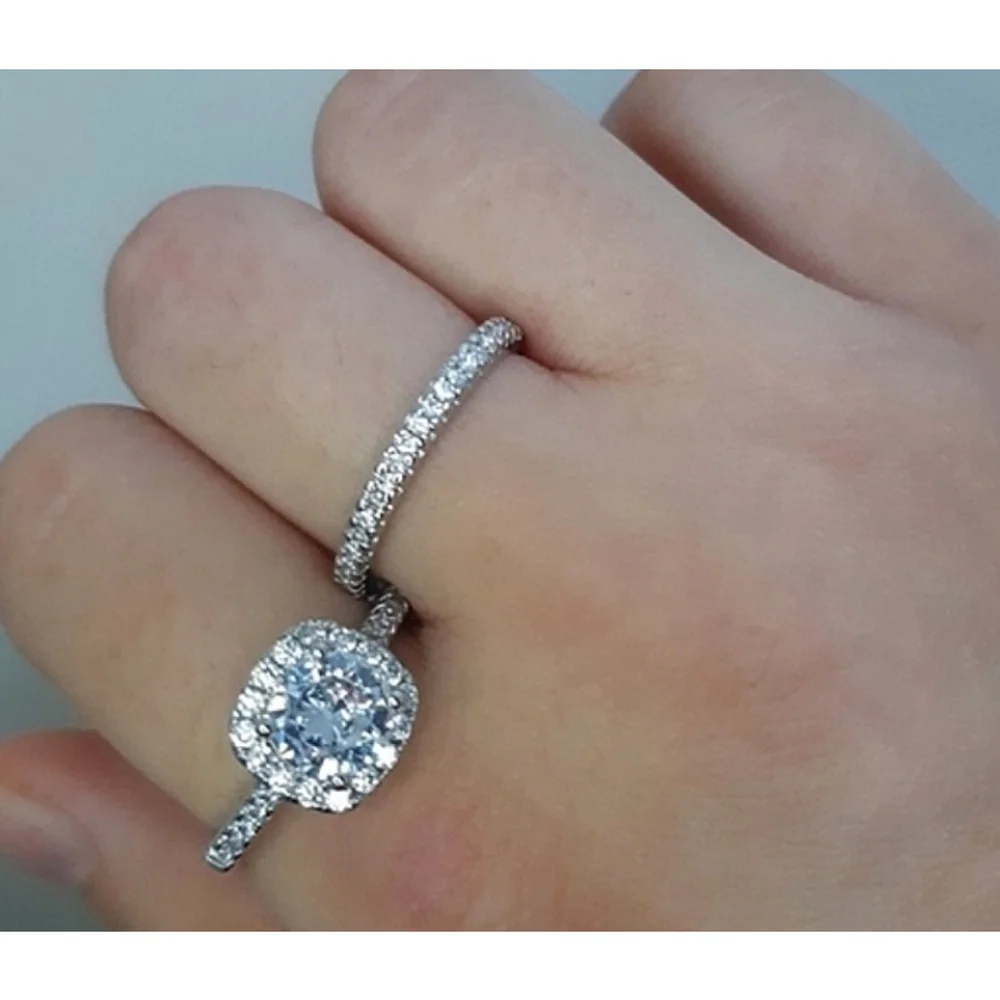 2 Ct Pave Halo Round Platinum Plated S925 Diamond Engagement‎ Ring, Size 8